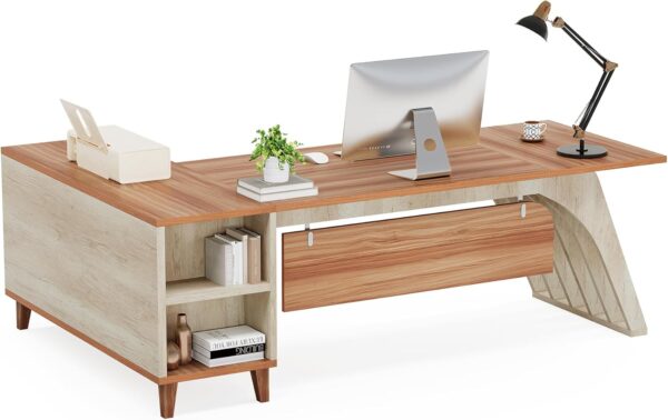 Tribesigns L-Shaped Executive Office Desk, 78.74" Large Computer Desk with Drawer and Lateral File Cabinet, Home Business Workstation Set with Storage Shelves, Walnut & Oak