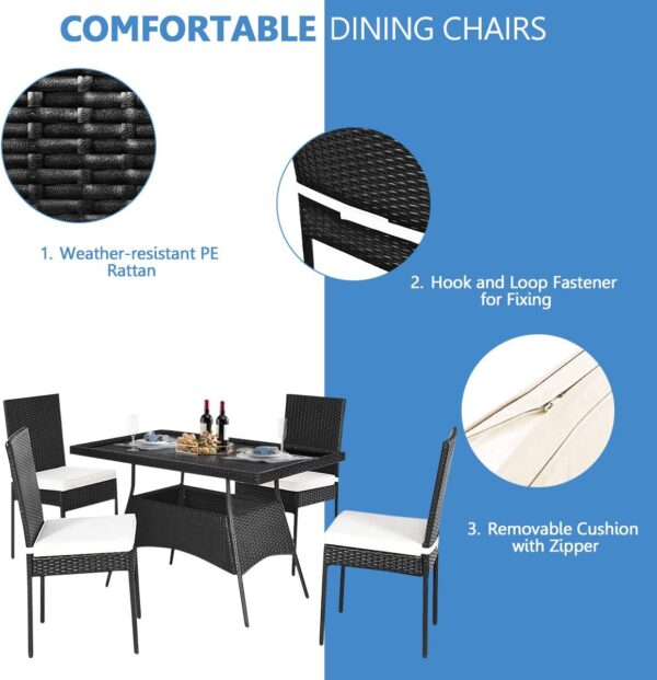 DORTALA 5 Pieces Patio Rattan Dining Set, Outdoor Wicker Bistro Table Set with Glass Tabletop & 4 Cushioned Chairs, Modern Dining Furniture Set for Backyard Porch Dining Room Kitchen, Black