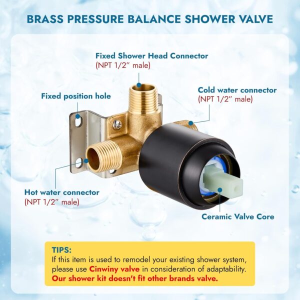 Bathtub Shower Faucet Set Wall Mounted 6 Inch 5-Spray Rainfall Shower Head with Rough-in Valve Single Handle Control Shower Trim Kit without Tub Spout, Oil Rubbed Bronze