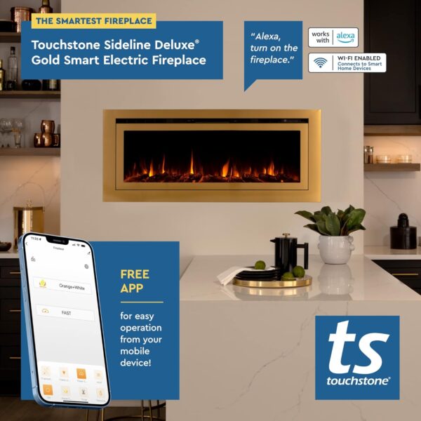 Touchstone Sideline Deluxe -Gold Smart Electric Fireplace- 50" Wide- Alexa/WiFi-Enabled- in Wall Recessed- 5 Flame Settings- 9 Flame Colors- 1,500W Heater- Log & Crystal Options- 86275