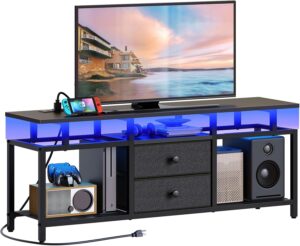 TV Stand with LED Light and Power Outlets, Entertainment Center with Fabric Drawers and Open Shelves, TV Cabinet for TVs up to 50 Inch, Media Console for Living Room, Bedroom, Black DS03UDBB