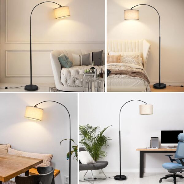 Arc Floor Lamp with Remote, Modern Standing Lamp for Living Room with Stepless Dimmable Bulb, Drum Shade, Foot Switch, Tall Floor Lamp for Farmhouse Bedroom Night Stand (Black)