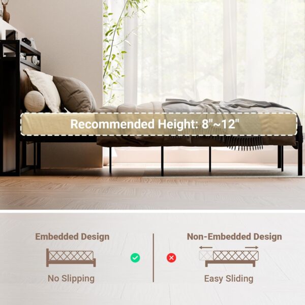 Queen Bed Frame with Charging Station, Queen Size Platform Bed Frame with Storage Shelf Headboard, Wood & Metal Queen-Size Bedframe, Noise-Free Base Foundation, No Box Spring Needed, Brown