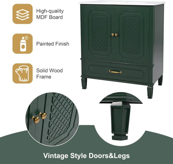 Linique 30" Bathroom Vanity with Sink Combo Set, Solid Wood Frame Modern Bathroom Storage Cabinet with a Large Drawer, a Adjustable Shelf and 2 Soft Closing Cabinet Doors with Organizer, Green