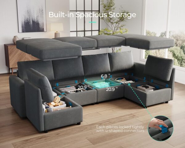 LINSY HOME Modular Sofa, Sectional Couch U Shaped Sofa with Storage, Memory Foam, 6 Seat Sectionals Chaise for Living Room, Dark Grey