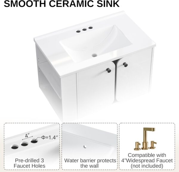 IRONCK 30" Bathroom Vanity with Sink, Floating Bathroom Sink Cabinet with LED Light & Extra Shelves, High Gloss Modern Clearance Bathroom Vanities, White