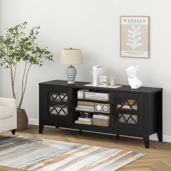 71pM2AJjvrL._AC_SL1500_.jpg Giantex Farmhouse TV Stand for TVs up to 65", Entertainment Center with 4 Adjustable Storage Shelves & Tempered Glass Doors, Modern TV Console Table for Bedroom, Living Room