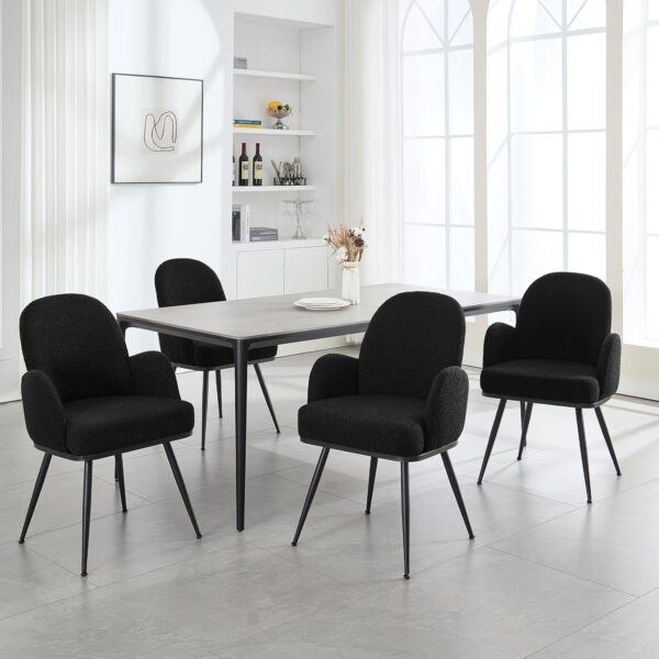 Black Dining Chairs Set of 4, Modern Dining Chairs with Arms and Sturdy Metal Legs, Boucle Fabric Upholstered Kitchen Dining Chairs for Dining Room, Living Room, Bedroom