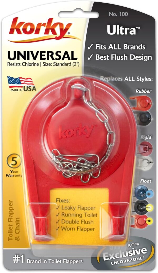 Korky 100BP Ultra High Performance Flapper Fits Most Toilets - Long Lasting Rubber - Easy to Install - Made in USA, Small, Red,1 Pack