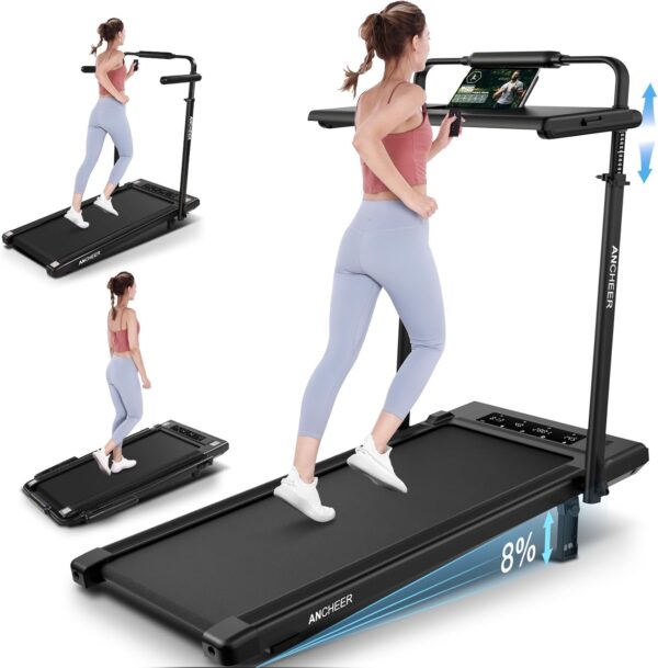 ANCHEER Walking Pad Treadmill with Incline&Adjustable Height,4 in 1 Under Desk Treadmills with Removable Desk Workstation,Foldable Treadmill for Home 300lbs Max,3 Type Control,Installation-Free