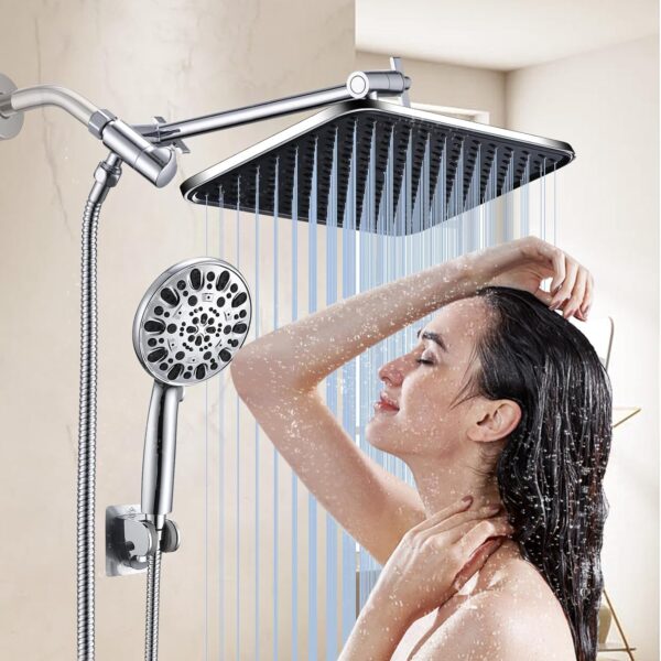 14 Inch High Pressure Rainfall Shower Heads Rain Shower Head with Handheld, Shower Heads with 7Spray Handheld Showerhand & Adjustable Shower Extension Arm & 70"Long Hose,Chrome