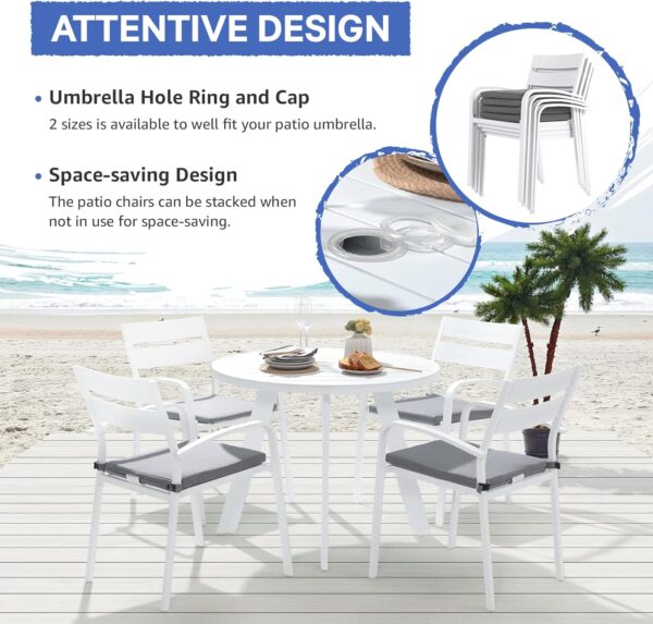 71q4nhMBiWL._AC_SL1500_.jpg Soleil Jardin 5 Piece Outdoor Dining Set, Aluminum Patio Furniture Dining Set with Round Dining Table w/Umbrella Hole and 4 Stackable Chairs w/Cushions for Yard, Garden, Porch and Pool, White