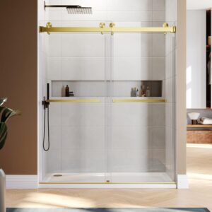 56"- 60" W×76" H Frameless Stainless Steel Bypass Shower Door and Two Towel Bars in Satin Brass and 3/8" (10mm) Certified Tempered Clear Glass. The Royal Series UKD01-6076-TT-SB