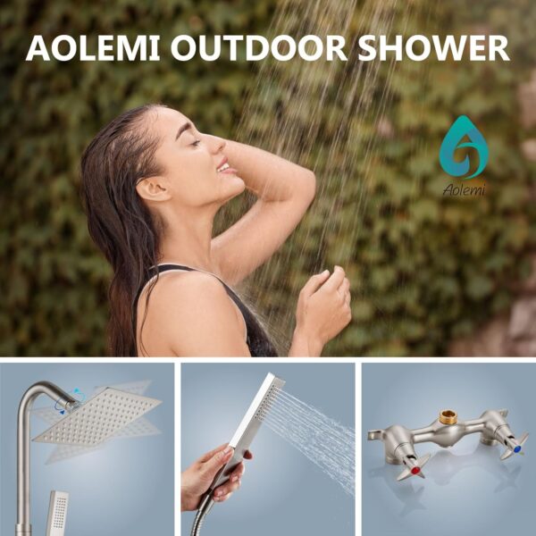 Aolemi Wall Mount Outdoor Shower Kit,Outdoor Shower Fixtures Faucet System with Handheld Spray,Double Handle 6 Inch Center Exposed Shower,with 6" Shower Head Brushed Nickel