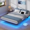 Floating Bed Frame Queen with LED Lights and Charging Station - 8 inch Platform Bed Frame No Box Spring Needed, Easy Assembly