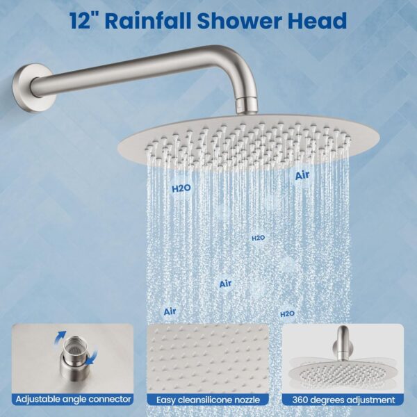 Airuida Round Shower System Set with Tub Spout,Wall Mount 3 Function Rain Shower Faucet Set,2 Functions Handheld Shower Tub Spout Tub Shower Combo Set Fixtures 12 Inches Shower Head Brushed Nickel