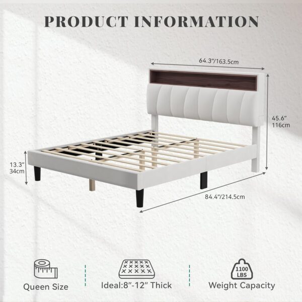 YITAHOME Queen Size Bed Frame with Storage, LED Bed Frame with Upholstered Velvet Headboard, Platform Bed with Outlet & USB Ports, No Box Spring Needed, Easy Assembly (Beige)