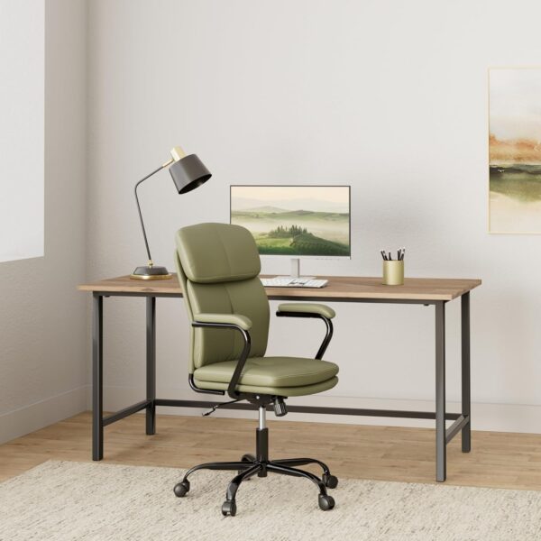 Home Office Chair, Modern Upholstered Mid-Back PU Leather Task Desk Chair with Arms, Adjustable Rocking Swivel Computer Chair with Wheels (Olive Green)