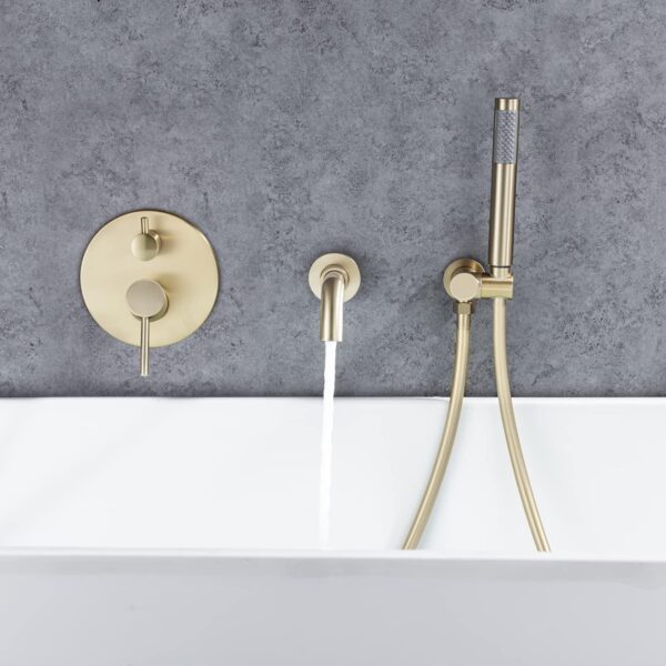 AZOS Wall Mounted Bathtub Faucet with Handheld Shower, High Flow Rate Tub Filler Faucet Set with 360° Swivel Spout Fixtures, Brushed Gold Waterfall Tub Faucets