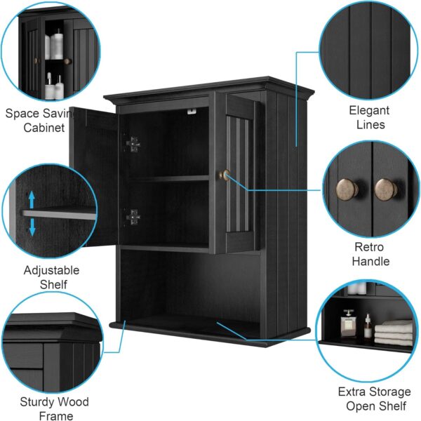 Treocho Wood Wall Cabinet Bathroom Medicine Cabinet Storage with Doors and Adjustable Shelf Wall Mount for Bathroom, Livingroom, Kitchen, Cupboard, Black