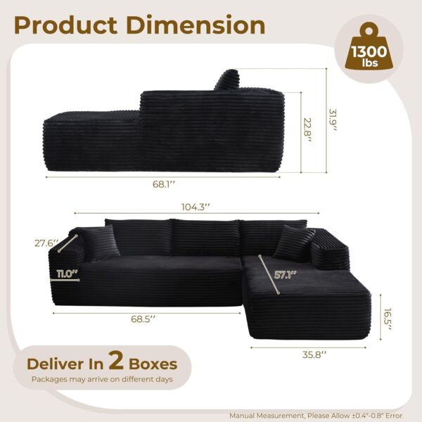 104" L-Shape Modular Sectional Sofa Couch - Comfy Upholstered Cloud Couches for Living Room - Modern Minimalist Couch,Deep Seat,No Assembly Required (Black,Plush Corduroy, Right Facing Chaise)
