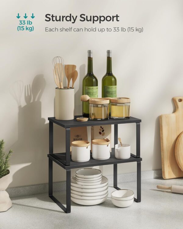 SONGMICS Cabinet Organizer Shelf, Set of 2 Kitchen Counter Shelves, Kitchen Storage, Spice Rack, Stackable, Expandable, Metal and Engineered Wood, Ink Black and Ebony Black UKCS02B01