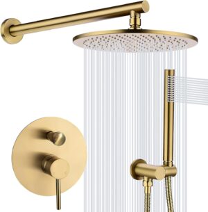 TRUSTMI 12 inch Round Bathroom Luxury Rain Mixer Combo Set Wall Mounted Rainfall Shower Head System Brushed Gold, (Contain Faucet Rough-in Valve Body and Trim)
