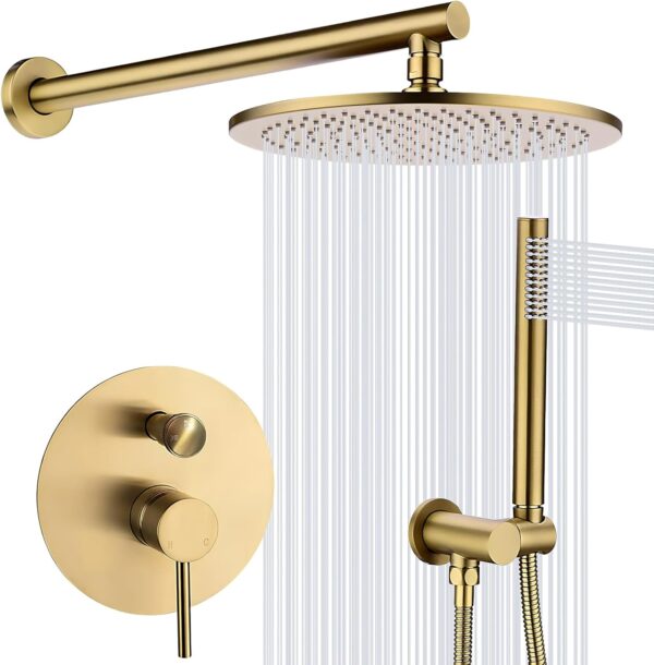 TRUSTMI 12 inch Round Bathroom Luxury Rain Mixer Combo Set Wall Mounted Rainfall Shower Head System Brushed Gold, (Contain Faucet Rough-in Valve Body and Trim)