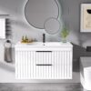 30" Bathroom Vanity with Sink, Floating Vanity Bathroom Sink Cabinet Wall Mount, Soft-Close Function 2 Large Drawers, Grooved Stripe Design, Hidden Damping Drawers, White