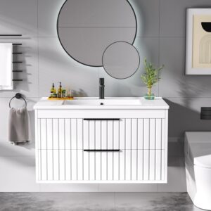 30" Bathroom Vanity with Sink, Floating Vanity Bathroom Sink Cabinet Wall Mount, Soft-Close Function 2 Large Drawers, Grooved Stripe Design, Hidden Damping Drawers, White