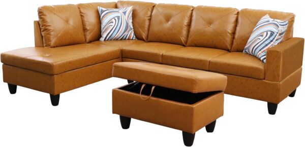 L Shaped Couch Modern Couches for Living Room Faux Leather 3 Pieces Modular Sectional Sofa with Storage Ottoman and Back Cushions for Reception Room and Apartment, Ginger