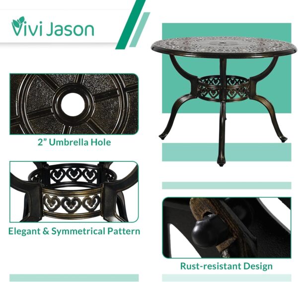 VIVIJASON 5-Piece Outdoor Patio Dining Set, All-Weather Cast Aluminum Conversation Set, Patio Furniture Set for Backyard, Include 4 Swivel Chairs, 38.5" Round Table w/Umbrella Hole, Navy Blue Cushion