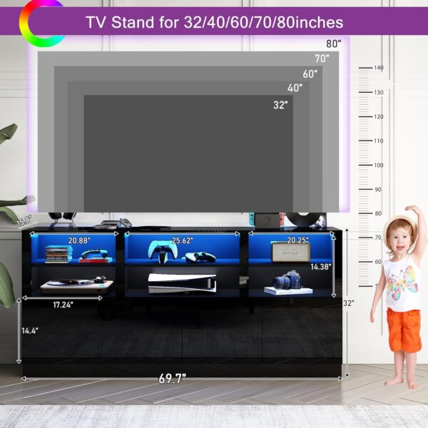Black TV Stand for 65/75/80/85 Inch TVs with RGB LED Lights,32'' Tall Modern High Gloss Entertainment Center Cabinet Stands with Storage Shelves and Doors,TV Media Console Table for Living Room