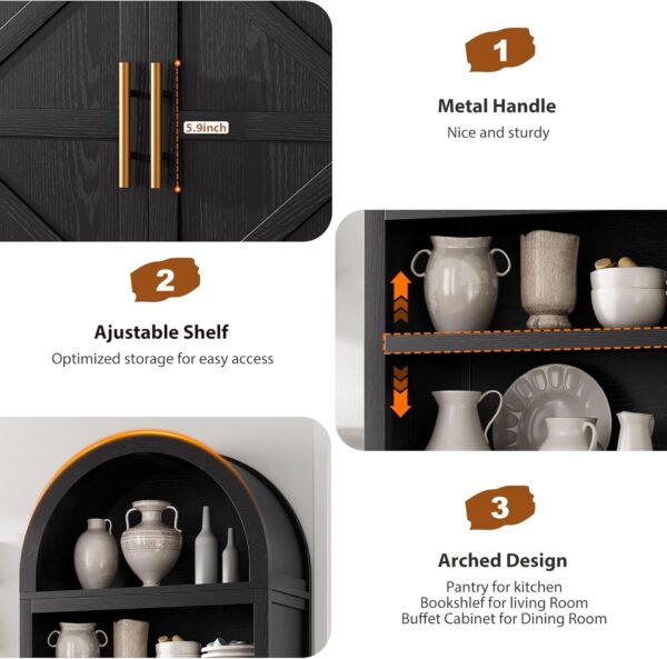 Arched Bookshelf Bookcase China Pantry Storage Cabinet with Doors and Shelves,Kitchen Pantry Cabinet,71“ Tall Food Pantry Furniture for Living Room, Dining Room (Black)