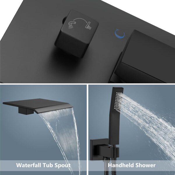 Aolemi Wall Mount Bathtub Faucet Bath Tub Faucet Set Waterfall Tub Filler with Handheld Sprayer Single Handle Solid Brass Rough-in Valve,with Bevel Angle Spout,Matte Black