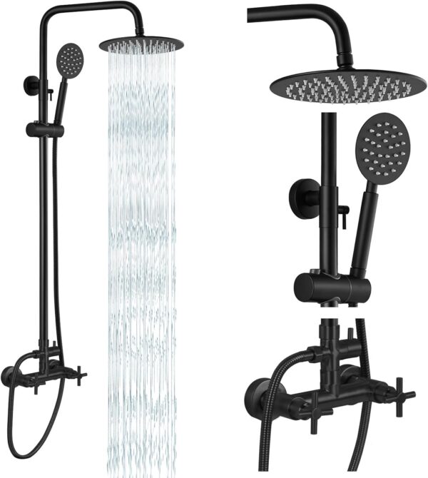gotonovo SUS304 Outdoor Shower Fixture High Pressure Shower System Combo Wall Mount 2 Dual Function Shower Faucet Set Round Handheld Spray Matte Black Double Cross Handle