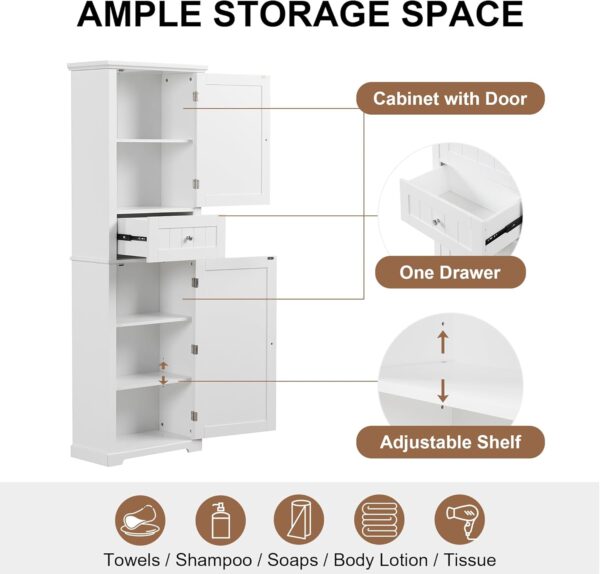 67.3“ Tall Linen Bathroom Storage Cabinet, Modern Linen Cabinet Freestanding with 2 Doors and 1 Drawer, Bathroom Organizers Storage, Shelves for Bathroom, Living Room, Anti-Tipping (White)