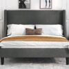 Allewie Platform Bed Frame Queen Size with Upholstered Headboard – Modern Deluxe Wingback Design, Wood Slat Support, Light Grey