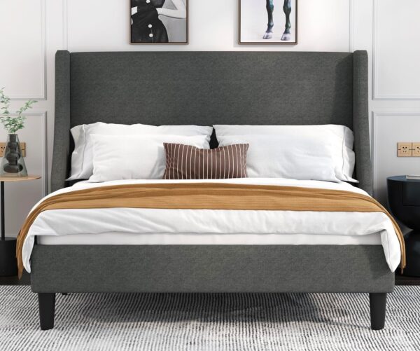 Allewie Platform Bed Frame Queen Size with Upholstered Headboard – Modern Deluxe Wingback Design, Wood Slat Support, Light Grey