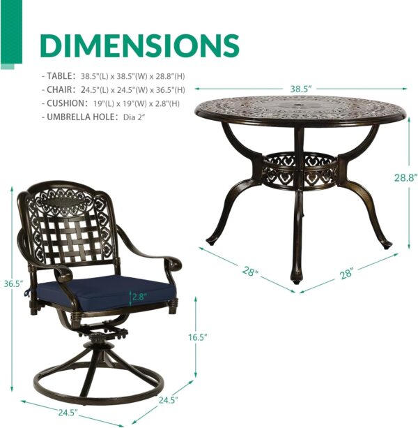 VIVIJASON 5-Piece Outdoor Patio Dining Set, All-Weather Cast Aluminum Conversation Set, Patio Furniture Set for Backyard, Include 4 Swivel Chairs, 38.5" Round Table w/Umbrella Hole, Navy Blue Cushion