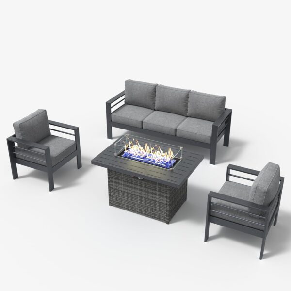 LayinSun Aluminum Furniture Set with Fire Pit Table, 4 Pieces Patio Sectional Conversation Chat Sofa Modern Seating Set
