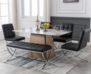 EALSON Modern Tufted Dining Chairs with Bench Set of 5 Leather Upholstered Dining Room Chairs with Chrome Metal Legs Mid Century Kitchen Chairs Armless Side Chair for Dining/Living Room, Black