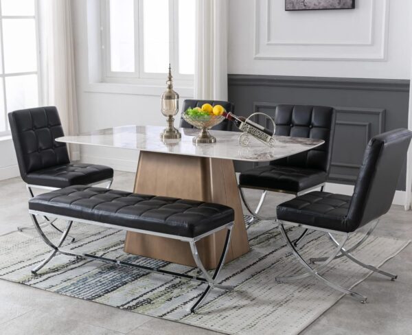 EALSON Modern Tufted Dining Chairs with Bench Set of 5 Leather Upholstered Dining Room Chairs with Chrome Metal Legs Mid Century Kitchen Chairs Armless Side Chair for Dining/Living Room, Black