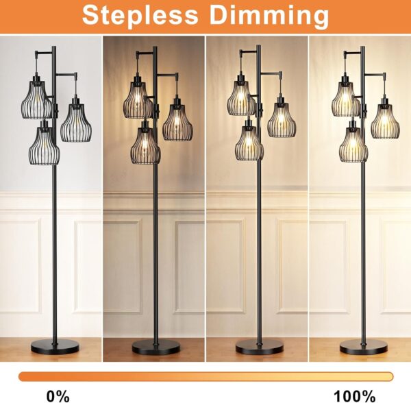 Dimmable Floor Lamp, 3 x 800LM LED Edison Bulbs Included, Farmhouse Industrial Floor Lamp Standing Tree Lamp with Elegant Cage Tall Lamps for Living Room Bedroom Office - Black