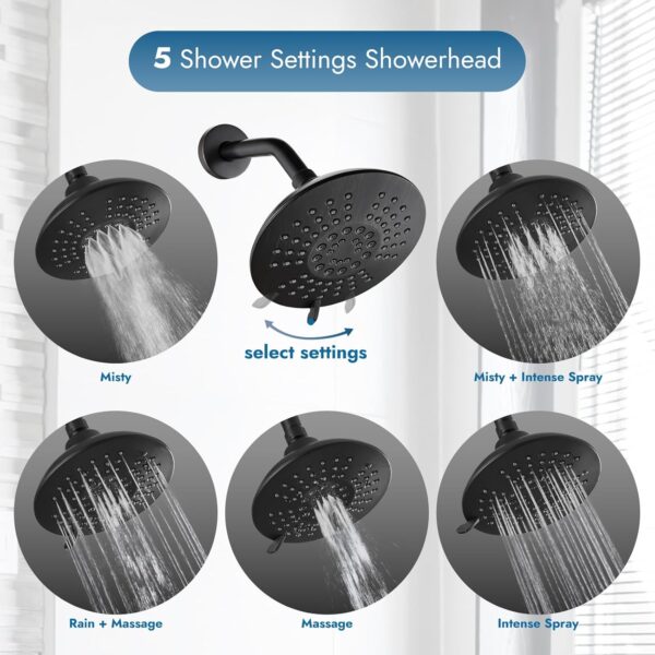 Bathtub Shower Faucet Set Wall Mounted 6 Inch 5-Spray Rainfall Shower Head with Rough-in Valve Single Handle Control Shower Trim Kit without Tub Spout, Oil Rubbed Bronze
