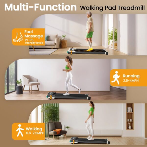 2 Side Walking Pad with Incline, 2 in 1 Under Desk Walking Pad with Handle Bar and Foot Massager Treadmills for Home/Office, Portable Treadmill with Remote Control LED Display (Light Black)