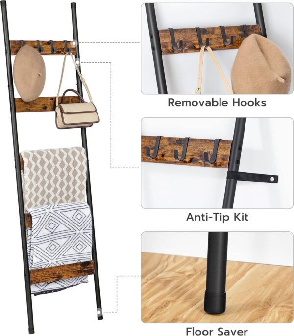 HOOBRO Blanket Ladder, 5-Tier Towel Rack with Hooks, Wall-Leaning Blanket Rack, Decorative Display Ladder Shelf, Scarves, Industrial, Living Room, Bedroom, Rustic Brown and Black BF52CJ01