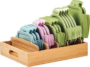 Umilife Kitchen Cabinet Organizer for Food Storage Container Lids, with Adjustable Dividers, Bamboo Drawer Caddy, Box for Kitchen Storage And Organization
