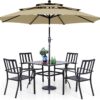 PHI VILLA 5 Piece Outdoor Dining Set with 10ft Umbrella, 37" Square Metal Dining Table & 4 Stacking Metal Chair with 3 Tier Beige Umbrella for Patio, Deck, Yard, Porch