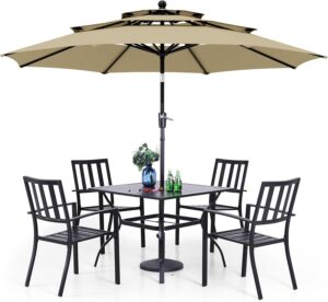 PHI VILLA 5 Piece Outdoor Dining Set with 10ft Umbrella, 37" Square Metal Dining Table & 4 Stacking Metal Chair with 3 Tier Beige Umbrella for Patio, Deck, Yard, Porch